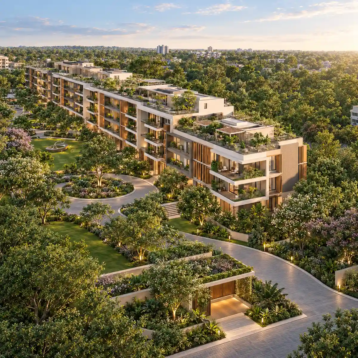 Krishvi Prana Hennur aerial view of the low-rise G+4 building in landscaped grounds off Hennur-Bagalur Road, artist's impression