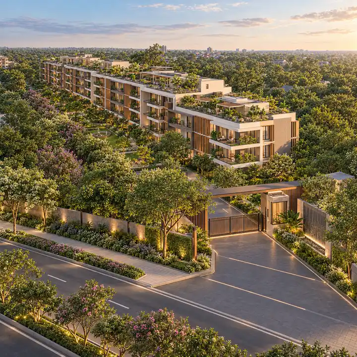 Krishvi Prana Hennur gated entrance from the approach road, artist's impression