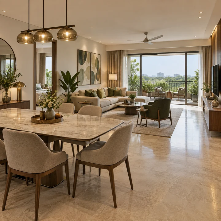 Krishvi Prana Hennur 3 BHK living and dining room opening onto a balcony, artist's impression