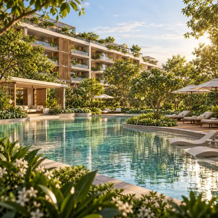 Krishvi Prana Hennur swimming pool with deck and loungers, artist's impression