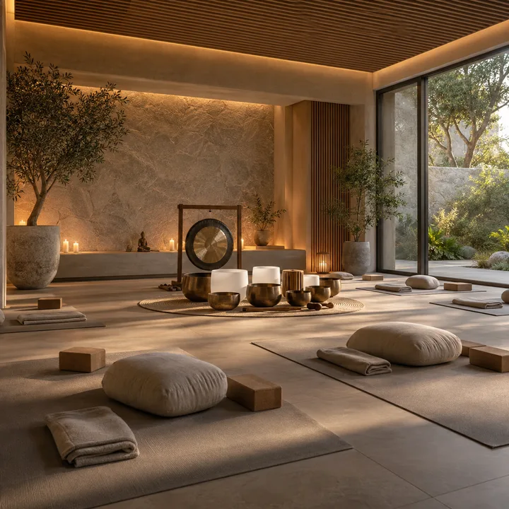 Krishvi Prana Hennur wellness studio with a sound-bath setting, artist's impression