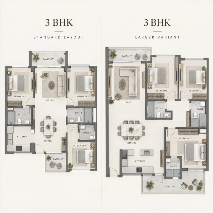 Krishvi Prana Hennur 3 BHK indicative floor plans, a standard layout and a larger variant