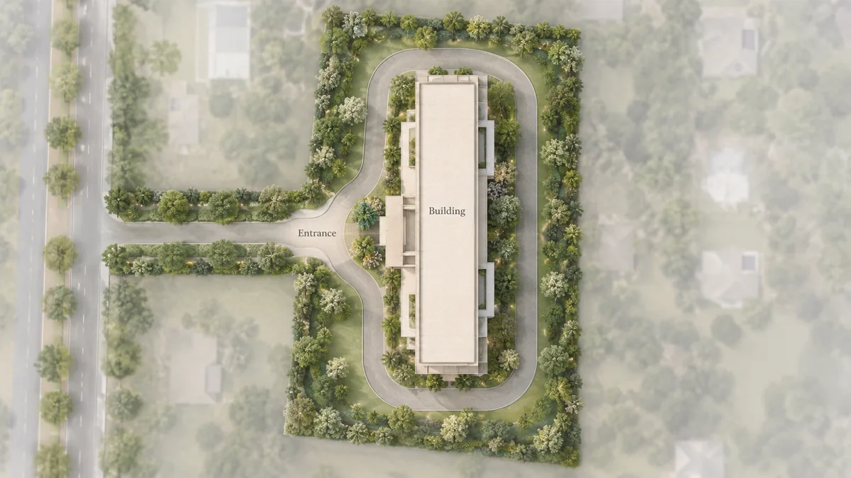Krishvi Prana Hennur indicative site layout with one building, a driveway around it and the entrance on the west side